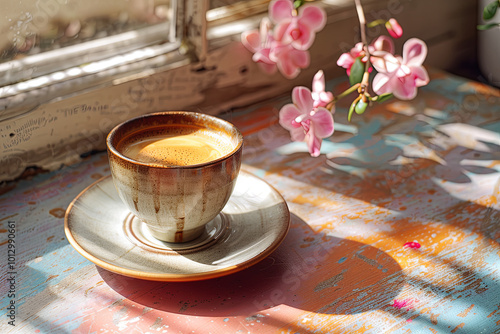 Cup of coffee on saucer on table next to vase of pink flowers photo