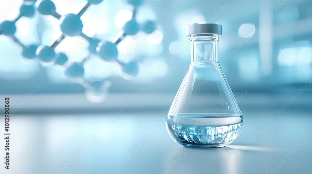 Laboratory Flask with Clear Liquid and Scientific Background Laboratory Flask with Clear Liquid and Scientific Background
