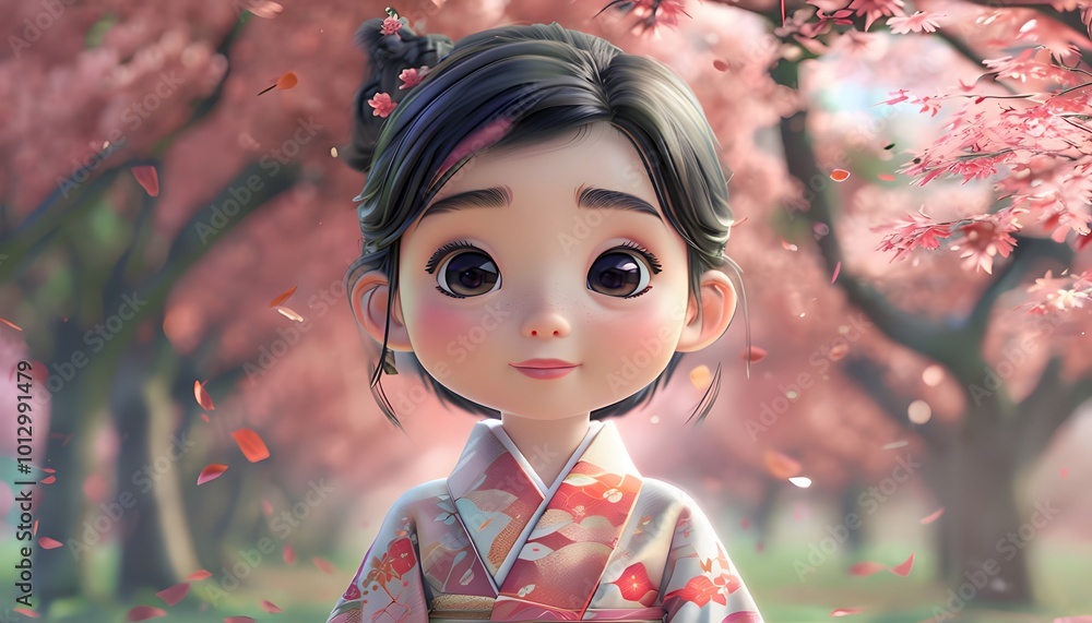 3D animated cute young girl wearing a traditional kimono, standing amidst beautiful blooming sakura trees 3D animated cute young girl wearing a traditional kimono, standing amidst beautiful blooming sakura trees