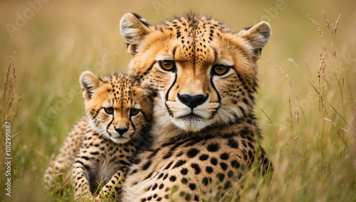 Mother Cheetah Grooming Her Cub in Tall Grass (Alternate)