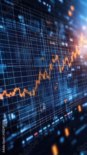 Dynamic financial graph with blue and orange lines on a dark background.