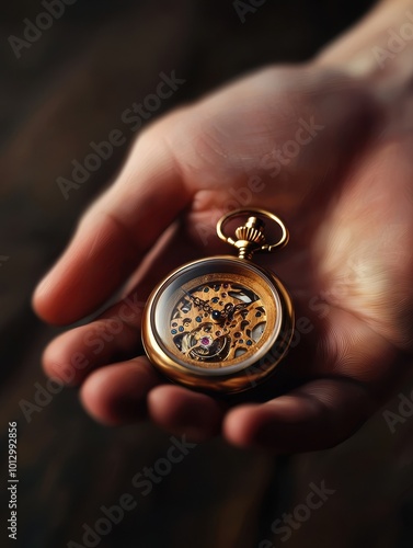 Elegant vintage pocket watch held in hand with intricate clockwork design visible.