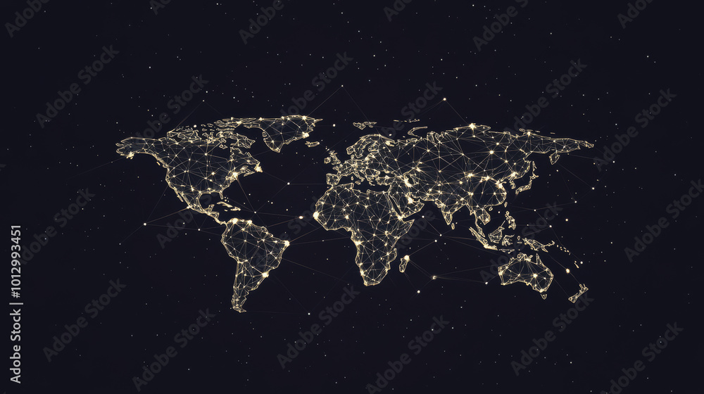 A simple, low-polygon outline of the world, like a constellation in the night sky. It's made up of points, lines, and shapes that look like stars.low poly wireframe. A simple, low-polygon outline of the world, like a constellation in the night sky. It's made up of points, lines, and shapes that look like stars.low poly wireframe.
