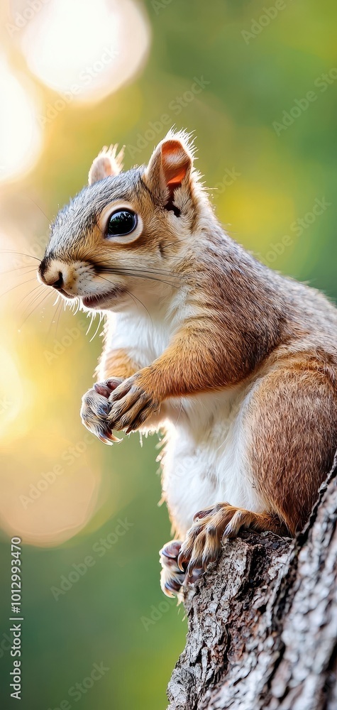 Squirrel perched on a tree trunk, detailed fur and bright eyes, nature scene. Squirrel perched on a tree trunk, detailed fur and bright eyes, nature scene.