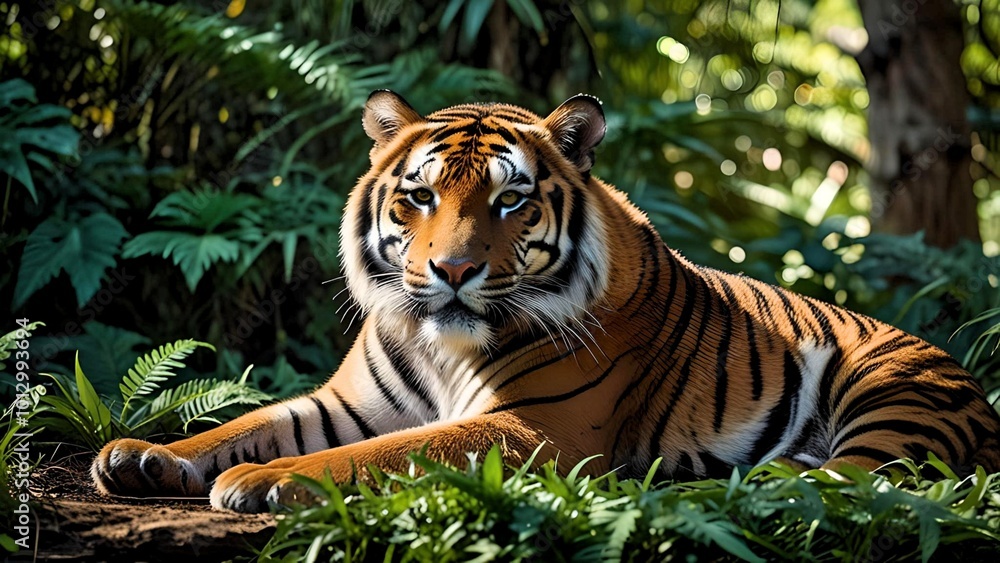 Majestic Tiger in Jungle: Powerful Tiger Staring Intently from the Undergrowth of a Lush Rainforest Majestic Tiger in Jungle: Powerful Tiger Staring Intently from the Undergrowth of a Lush Rainforest