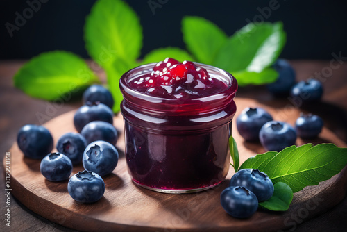 Delicious jam blueberry on natiural background concept of healthy and dieting
 photo