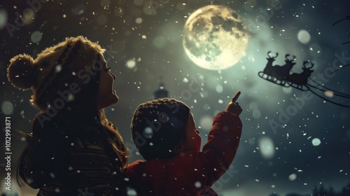 Mother and Child Watching Santa's Sleigh Under the Full Moon