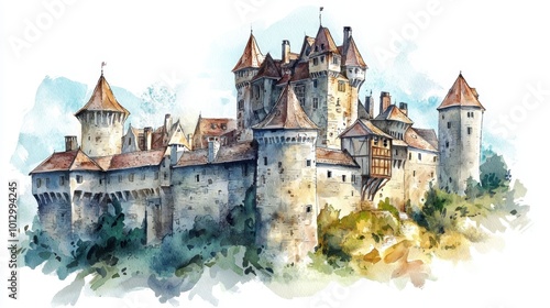 Majestic watercolor depiction of a medieval castle