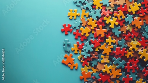 A colorful assortment of puzzle pieces scattered on a blue background, representing fun, creativity, and problem-solving activities.