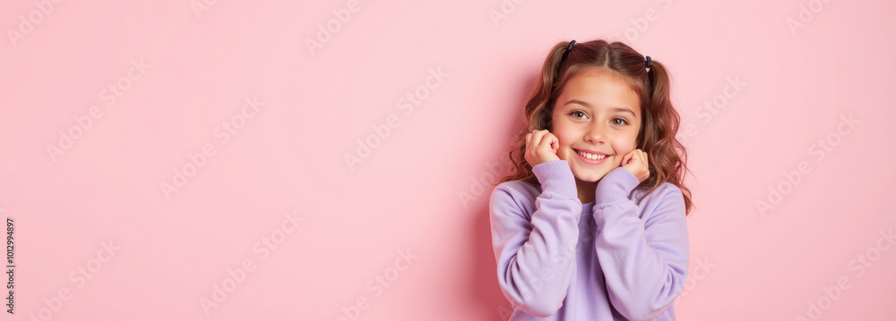 Young girl smiling with curly hair in purple sweater against a soft pink background Young girl smiling with curly hair in purple sweater against a soft pink background