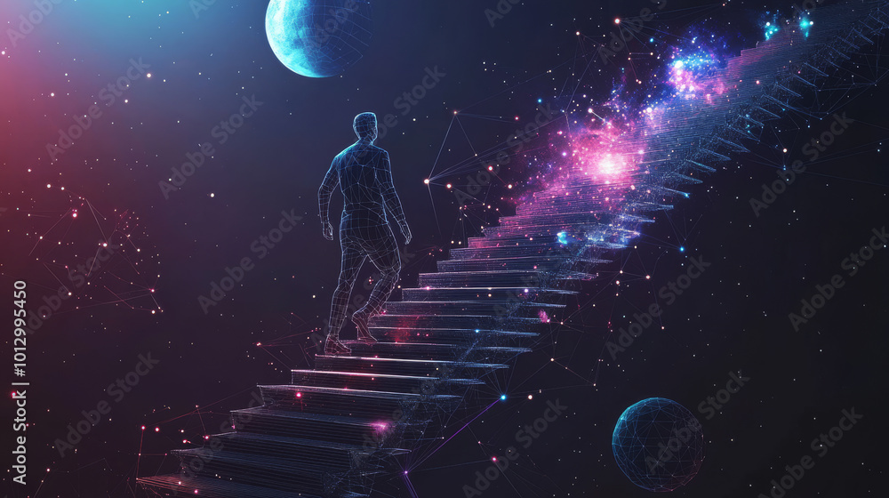 A man climbs stairs made of stars, planets, and space. The image is made of lines, points, and shapes, creating a cosmic scene. This abstract design is perfect for business use.low poly wireframe. A man climbs stairs made of stars, planets, and space. The image is made of lines, points, and shapes, creating a cosmic scene. This abstract design is perfect for business use.low poly wireframe.