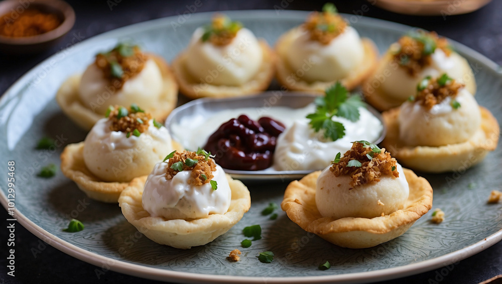Platter of Dahi Puri Filled with Yogurt Platter of Dahi Puri Filled with Yogurt