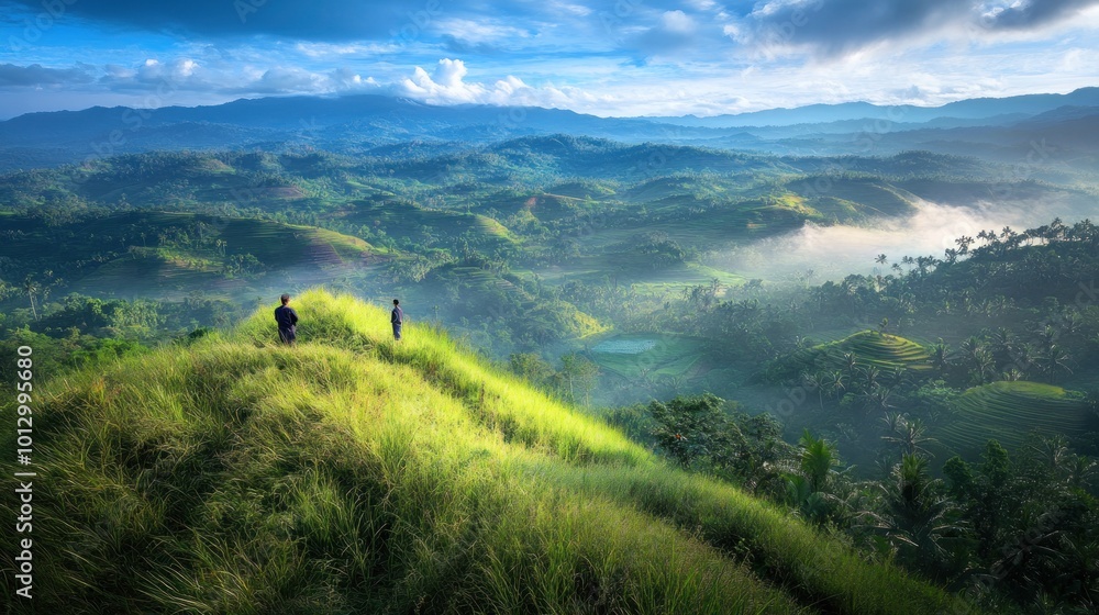 Fototapeta premium Two people stand on a mountaintop overlooking a valley, mist rolling through the lush green landscape.