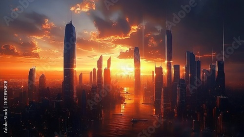 A futuristic city skyline at sunset, with tall skyscrapers and a river running through the middle.