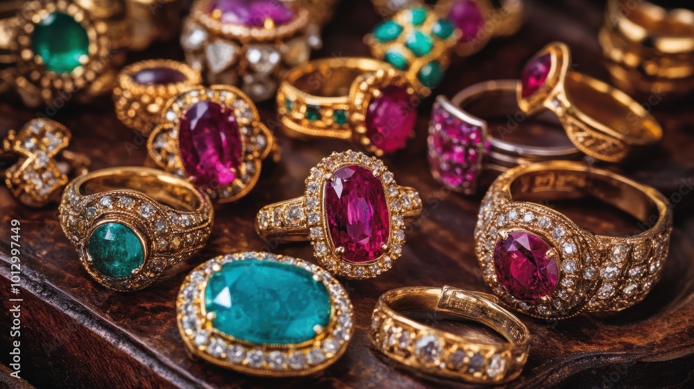 A collection of gemstone jewelry, including ruby and emerald rings, displayed elegantly A collection of gemstone jewelry, including ruby and emerald rings, displayed elegantly