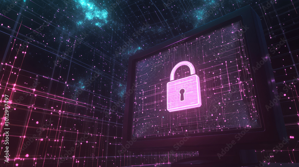 A computer screen with a lock symbol. The background is a starry night ...