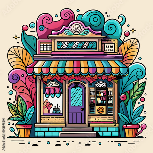 Charming Doodle Style Candy Shop with Vibrant Colors and Whimsical Patterns