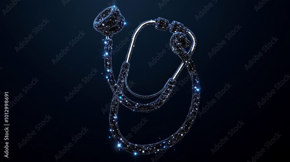 A simple, artistic design of a stethoscope. It looks like a starry night sky, with dots, lines, and shapes representing planets, stars, and the universe.low poly wireframe. A simple, artistic design of a stethoscope. It looks like a starry night sky, with dots, lines, and shapes representing planets, stars, and the universe.low poly wireframe.