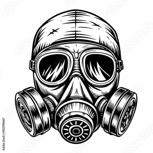 Intricate Monochrome Gas Mask Illustration with Vintage Skull Design