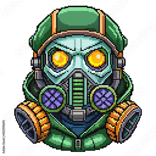 Retro Futuristic Pixel Art Gas Masked Cyber Warrior Design photo