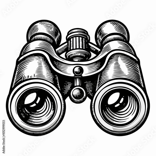 Vintage Binoculars Illustration Detailed Black and White Engraved Design