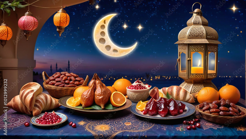 Foods, Bread, Arabic Lantern, Fruits, with mosque background, ramadan, muslim, ied background Foods, Bread, Arabic Lantern, Fruits, with mosque background, ramadan, muslim, ied background