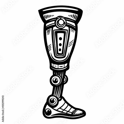 Futuristic Robotic Prosthetic Leg Design in Monochrome Illustration