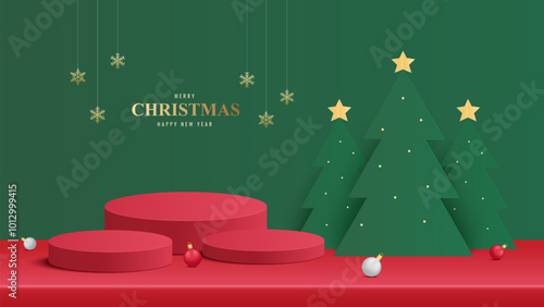 Podium Christmas. Red Podium for product display presentation with christmas tree. Podium platform to show product on green background. Merry Christmas background