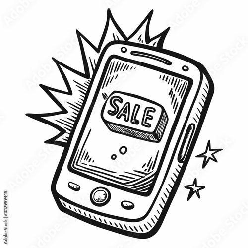 Retro Style Smartphone with Sale Alert Hand Drawn Vector Illustration