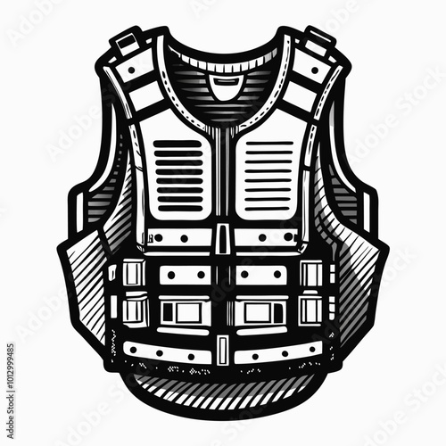 Detailed Black and White Tactical Vest Illustration for Military and Security Themes