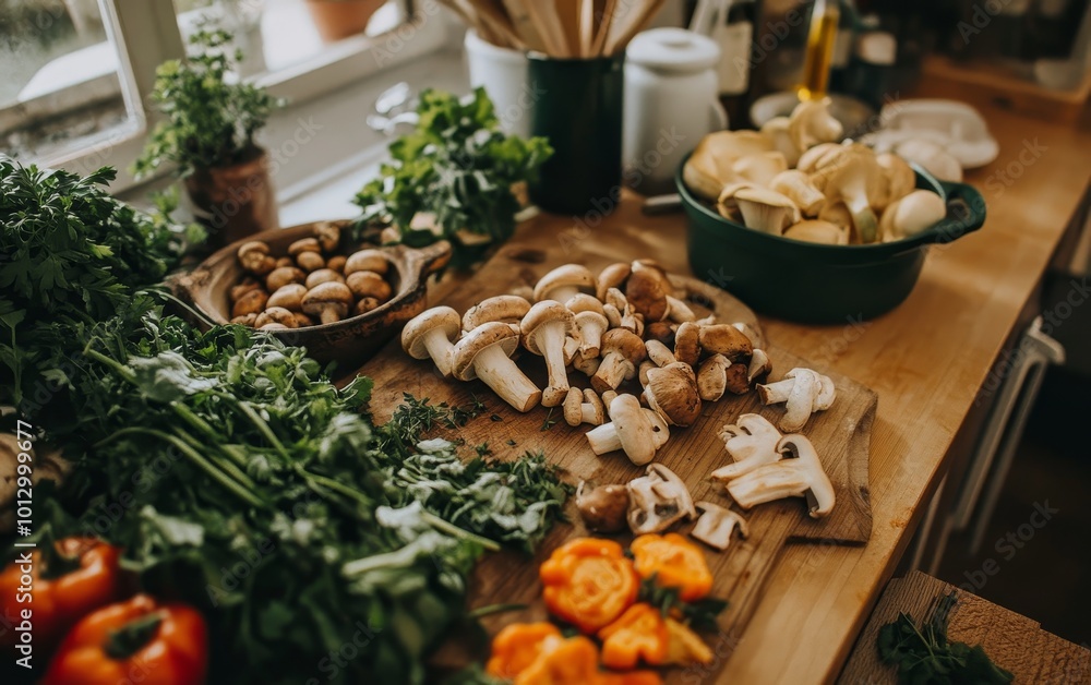 A kitchen scene featuring fresh vegetables and mushrooms prepared for cooking. A kitchen scene featuring fresh vegetables and mushrooms prepared for cooking.