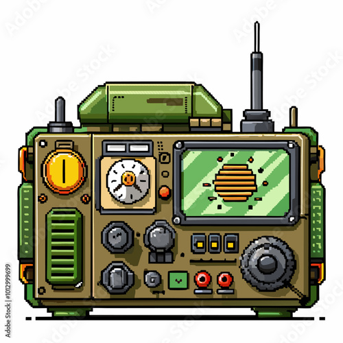 Retro Military Radio Pixel Art Illustration with Vintage Controls and Antennas