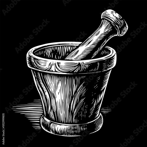 Vintage Woodcut Mortar and Pestle Illustration for Apothecary Designs