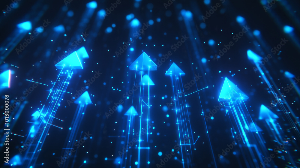 A set of blue arrows pointing upwards, showing rapid growth. The arrows have glowing neon lines and connected dots, creating a futuristic, abstract look against a dark background.low poly wireframe. A set of blue arrows pointing upwards, showing rapid growth. The arrows have glowing neon lines and connected dots, creating a futuristic, abstract look against a dark background.low poly wireframe.