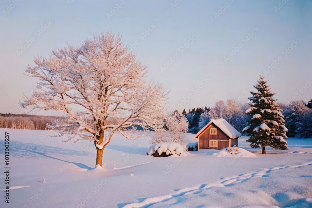 Tranquil winter landscape with cozy hut, frost covered tree and snow covered fields at dawn Tranquil winter landscape with cozy hut, frost covered tree and snow covered fields at dawn