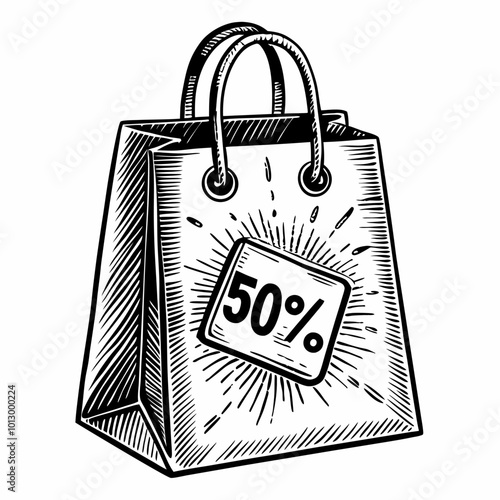 Vintage Shopping Bag with 50% Discount Tag Illustration