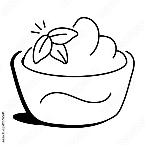 A doodle icon of a bowl of mayonnaise with a sprig of parsley on top

