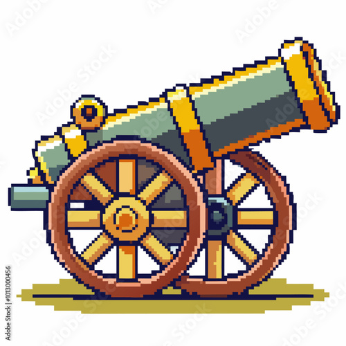 Retro Pixel Art Cannon on Wheels Vintage Gaming Style Illustration