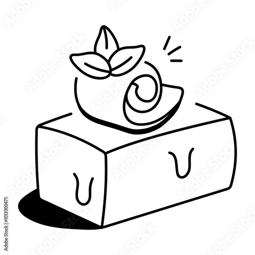 A doodle icon of a block of butter with a swirl on top and a sprig of parsley