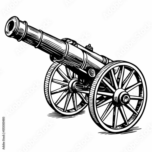 Vintage Cannon Illustration in Black and White Historical Art with Detailed Wheels
