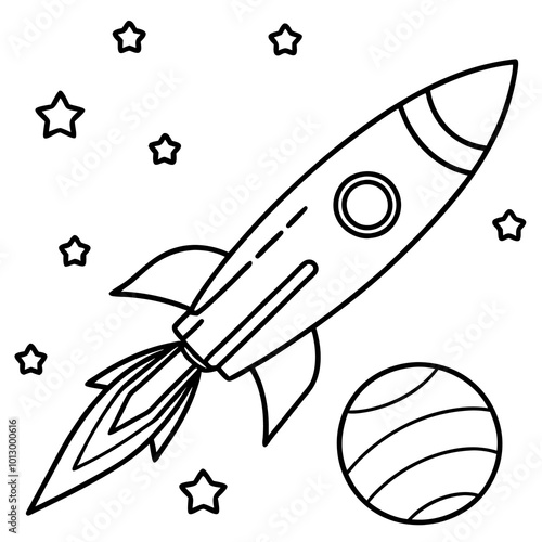 rocket and galaxy outline coloring book page line art drawing