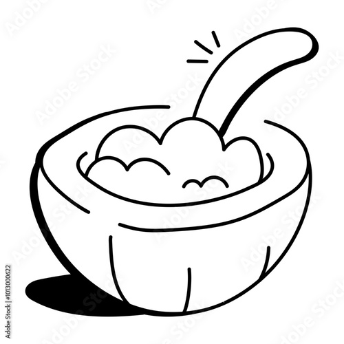 A doodle icon of coconut mousse in a coconut shell with a spoon

