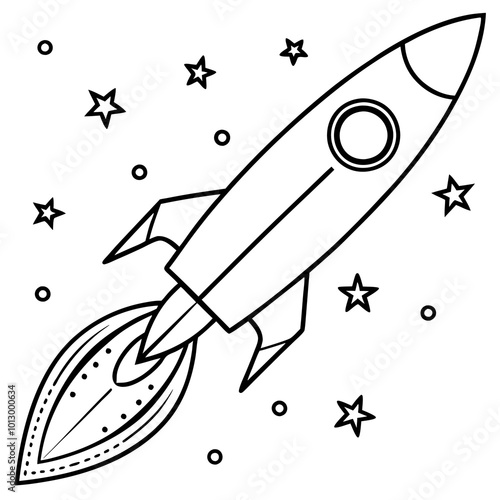 rocket and galaxy outline coloring book page line art drawing