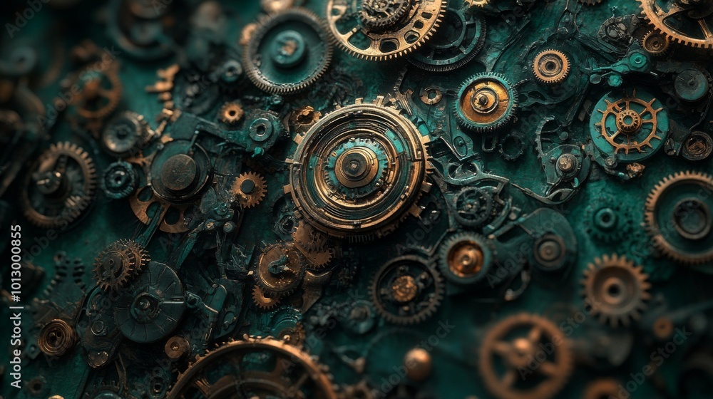 A vibrant and abstract depiction of clustered gears in a mechanical arrangement, featuring detailed textures and dynamic colors. This image is perfect for representing themes of technology, machinery A vibrant and abstract depiction of clustered gears in a mechanical arrangement, featuring detailed textures and dynamic colors. This image is perfect for representing themes of technology, machinery