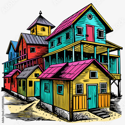 Colorful Rustic Houses with Vibrant Designs in a Quaint Village