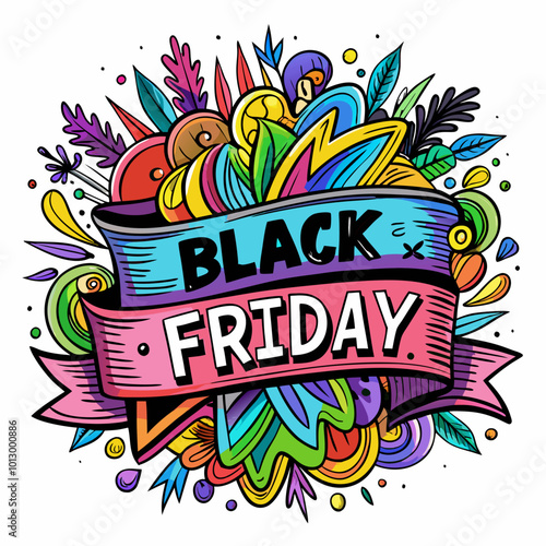 Colorful Black Friday Banner with Doodle Art and Vibrant Elements for Shopping Promotions photo