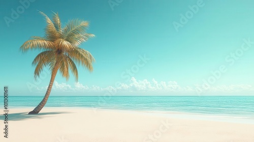 A serene tropical beach scene featuring a solitary palm tree against a clear blue sky and calm ocean waves.