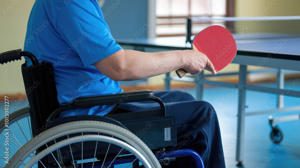 Obraz premium A man in a blue shirt and blue pants is sitting in a wheelchair. He is holding a red paddle and is ready to play ping pong