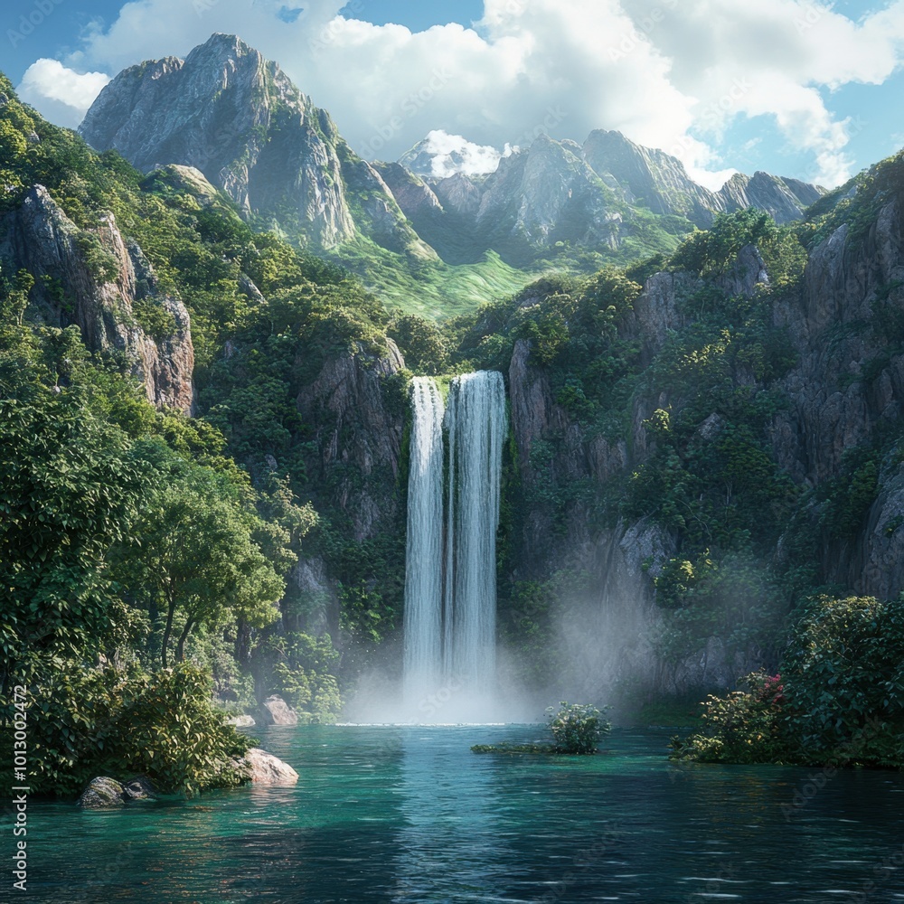 Fototapeta premium Majestic waterfall cascading into a serene mountain lake