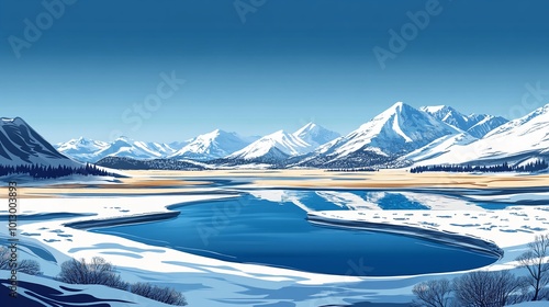 a painting of a lake with mountains in the background
